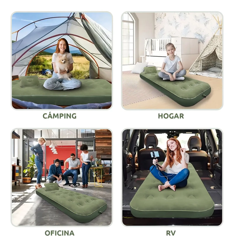 COLCHON INFLABLE INDIVIDUAL 1 PLAZA CON ALMOHADA Y INFLADOR VIDITA COLOR VERDE - 3