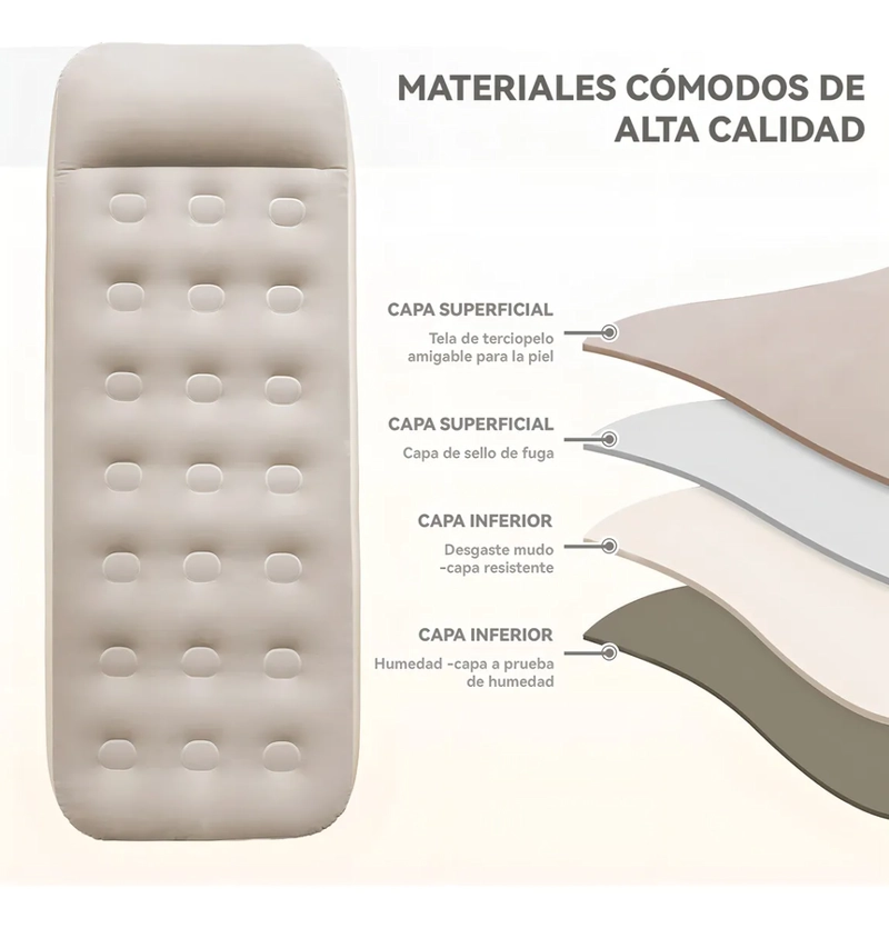 COLCHON INFLABLE INDIVIDUAL 1 PLAZA ALMOHADA INTEGRADA CON INFLADOR COLOR BEIGE VIDITA - 2