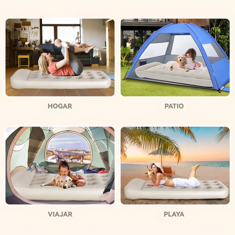 COLCHON INFLABLE INDIVIDUAL 1 PLAZA ALMOHADA INTEGRADA CON INFLADOR COLOR BEIGE VIDITA - 3