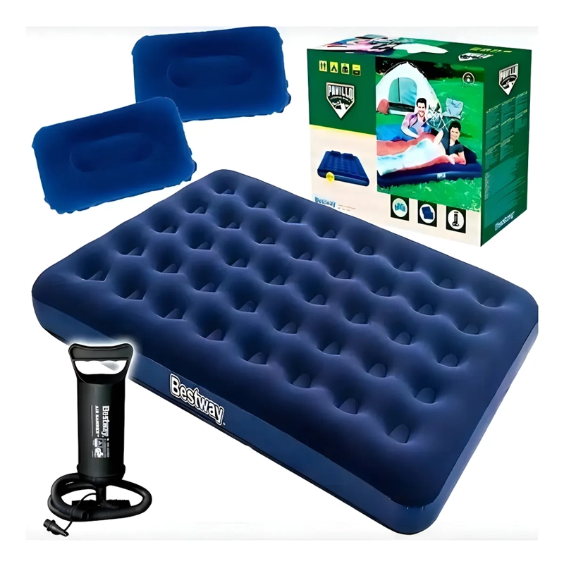 COLCHON INFLABLE DOBLE BEST WAY MAS 2 ALMOHADAS E INFLADOR - 2