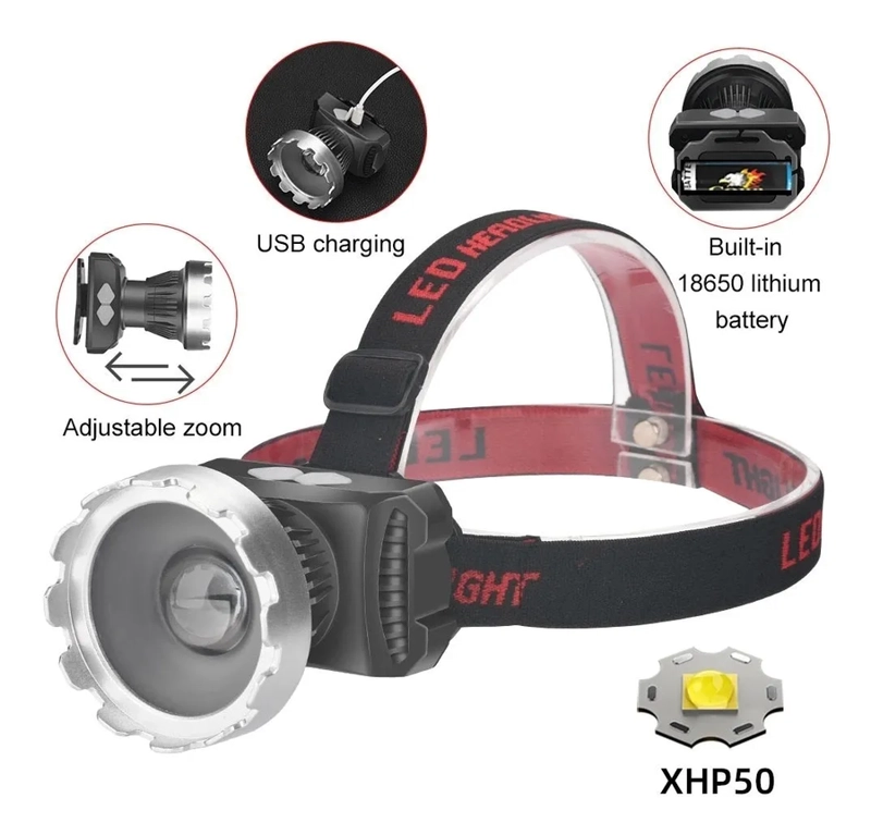 LINTERNA LED MINERO CABEZA CINTILLO USB LED XHP50 RECARGA - 2