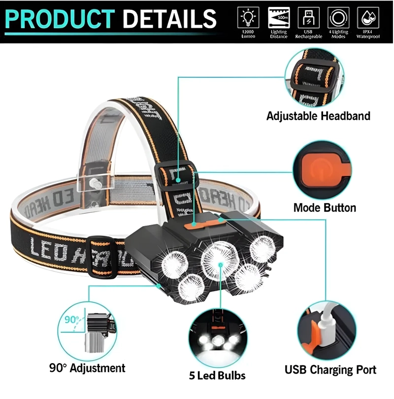 LINTERNA LED MINERO FRONTAL 5 LED IMPERMEABLE RECARGABLE USB - 2