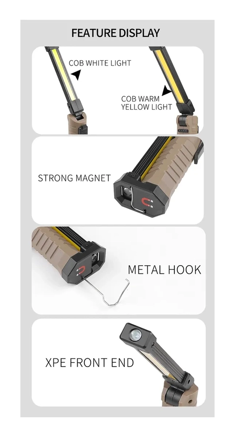 LINTERNA DE TRABAJO LED PLEGABLE RECARGABLE CON IMAN 360° 7N1 MARRON - 3
