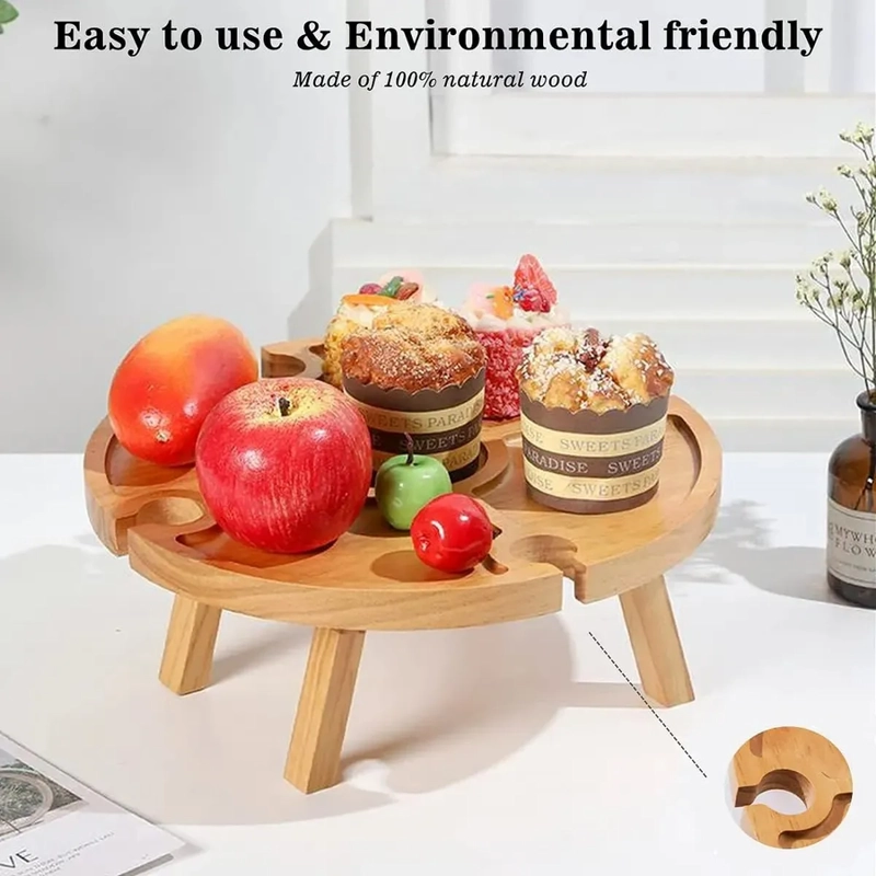 MESA DE PICNIC PLEGABLE AIRE LIBRE CON SOPORTE COPAS DE VINO GEOME TRICO COLOR MADERA - 1