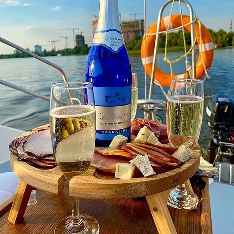 MESA DE PICNIC PLEGABLE AIRE LIBRE CON SOPORTE COPAS DE VINO GEOME TRICO COLOR MADERA - 2