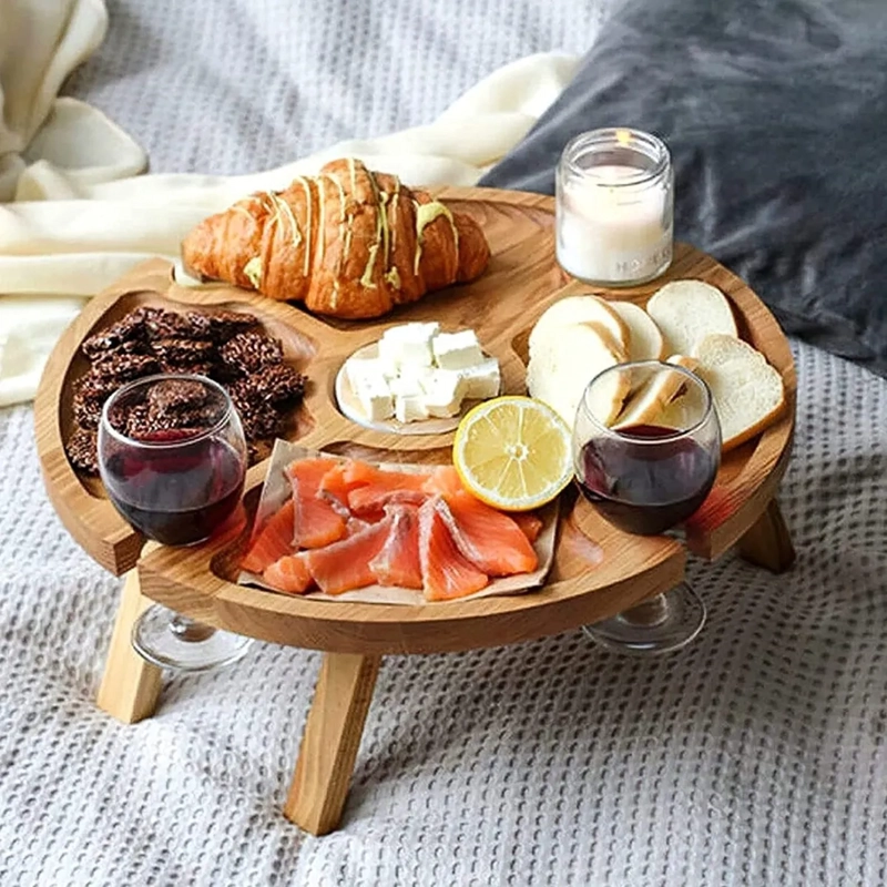 MESA DE PICNIC PLEGABLE AIRE LIBRE CON SOPORTE COPAS DE VINO GEOME TRICO COLOR MADERA - 3