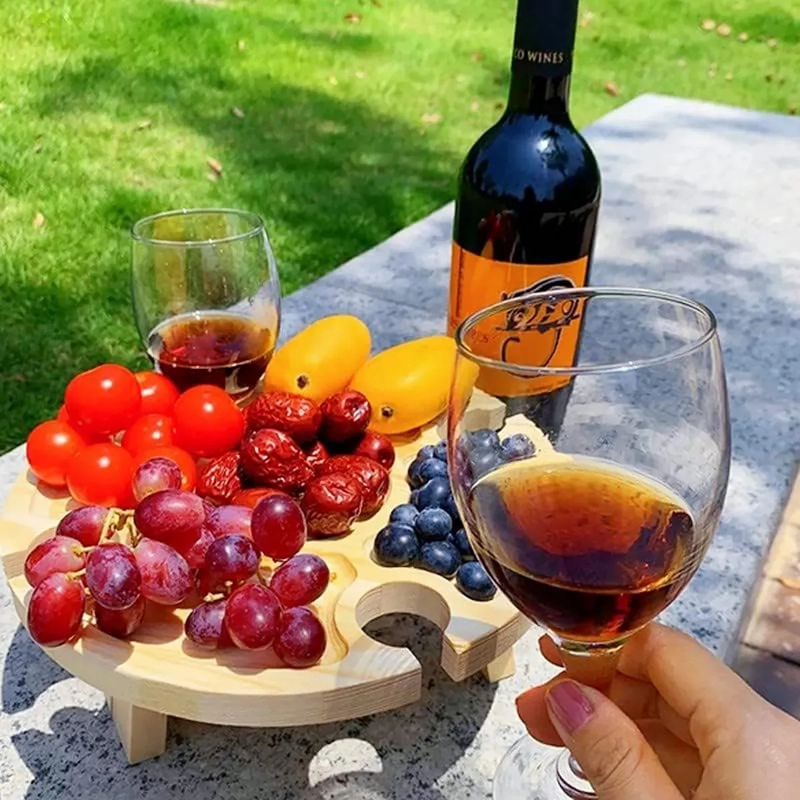 MESA DE PICNIC PLEGABLE AIRE LIBRE CON SOPORTE COPAS DE VINO GEOME TRICO COLOR MADERA - 4