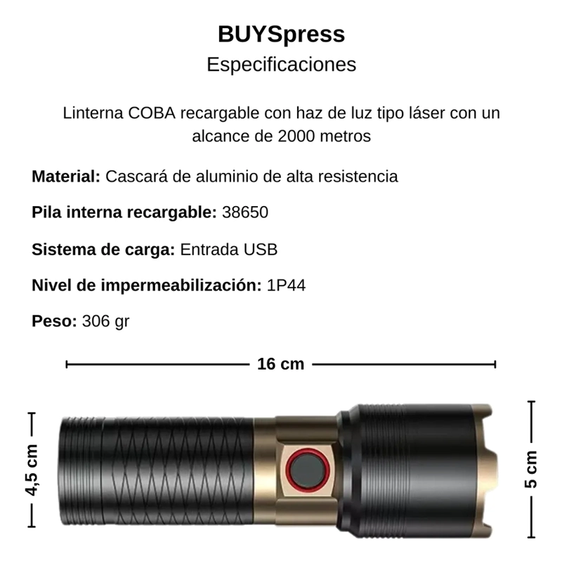 POTENTE LINTERNA COBA CON HAZ DE LUZ TIPO LASER PARA 2000M BLANCA NEGRO - 3
