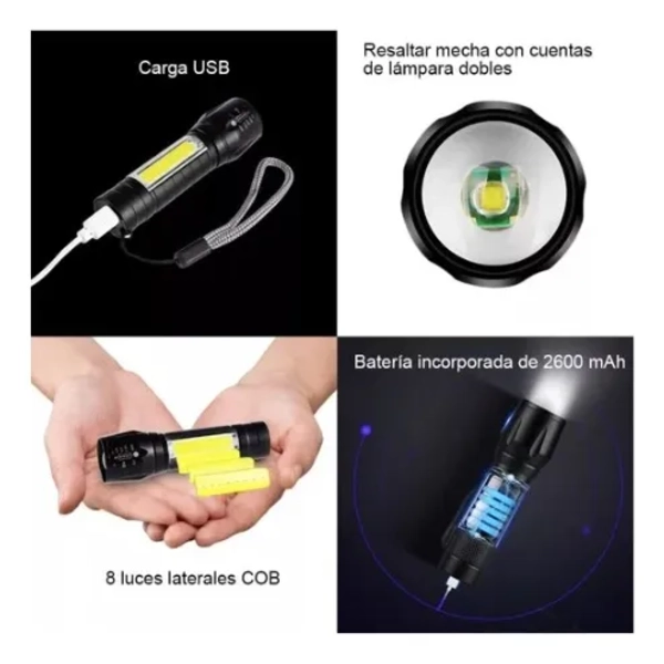 LINTERNA LED TACTICA PEQUEÑA PORTATIL RECARGABLE USB NEGRO - 4