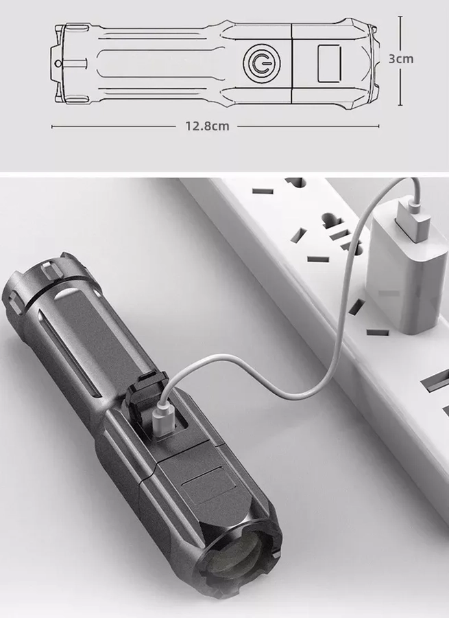 LINTERNA LED TACTICA RECARGABLE ZOOM USB CAMPING 500 MT NEGRO BLANCO - 2