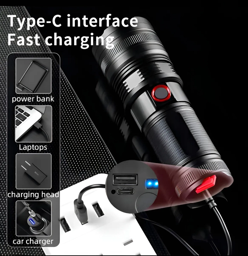 LINTERNA GRAN POTENCIA RECARGABLE TACTICA CON ZOOM 2000LM LINTERNA NEGRO LUZ BLANCO - 2