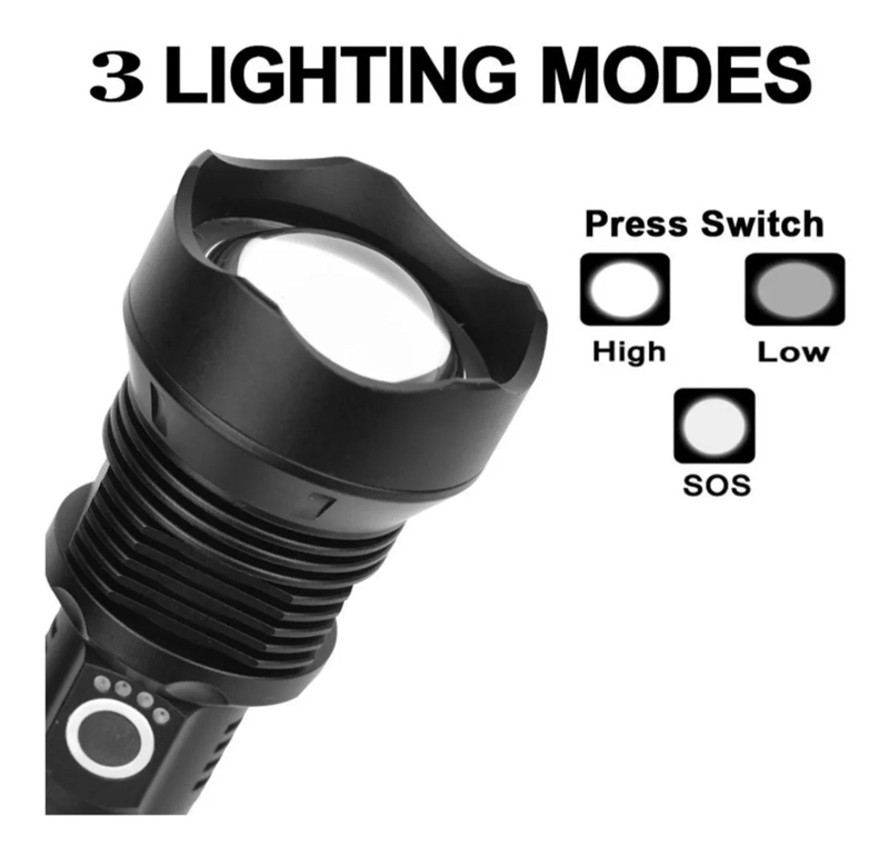 POTENTE LINTERNA TACTICA MILITAR USB P90 CON ZOOM CAMPING NEGRO - 3