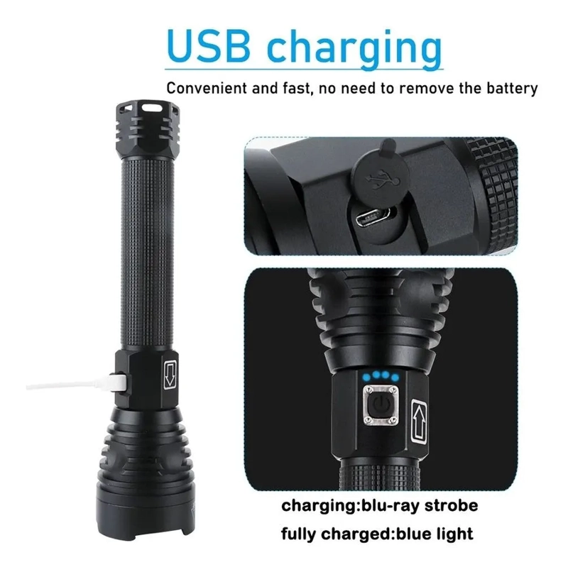 POTENTE LINTERNA TACTICA MILITAR USB P90 CON ZOOM CAMPING NEGRO - 4