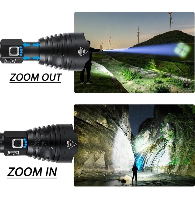 POTENTE LINTERNA TACTICA MILITAR USB P90 CON ZOOM CAMPING NEGRO - 6