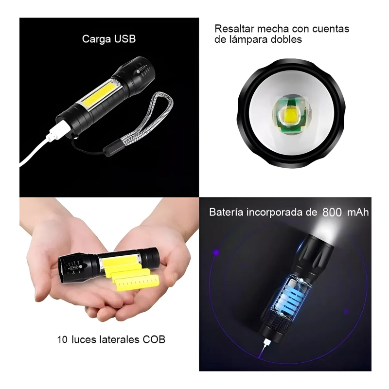 LINTERNA TACTICA RECARGABLE LARGA DISTANCIA LED POTENTE USB BLANCO NEGRO - 2