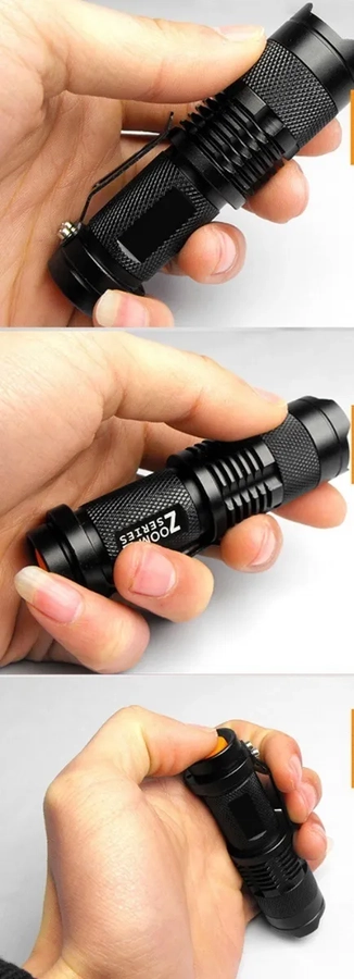 LINTERNA UV ULTRAVIOLETA LED , CON ZOOM, USA PILLA AA, METAL VIOLETA NEGRO - 1