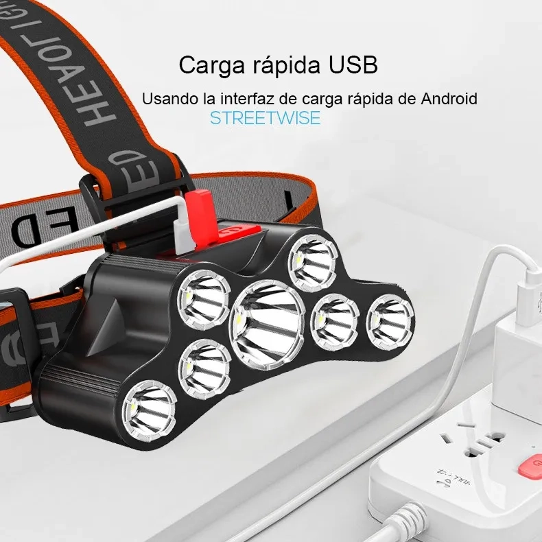 LINTERNA MINERO CABEZA RECARGABLE 7 LEDS POTENTE 2 BATERIAS - 4