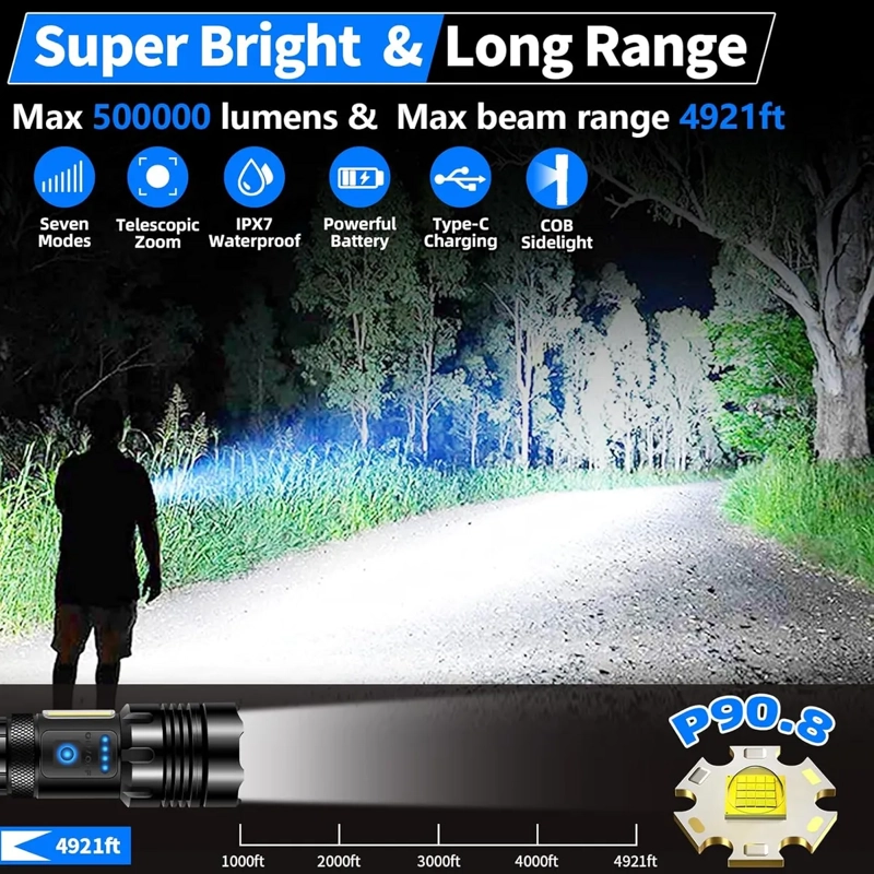 LINTERNA TACTICA LED BRILLANTE DE 90000 LM RECARGABLE - 1