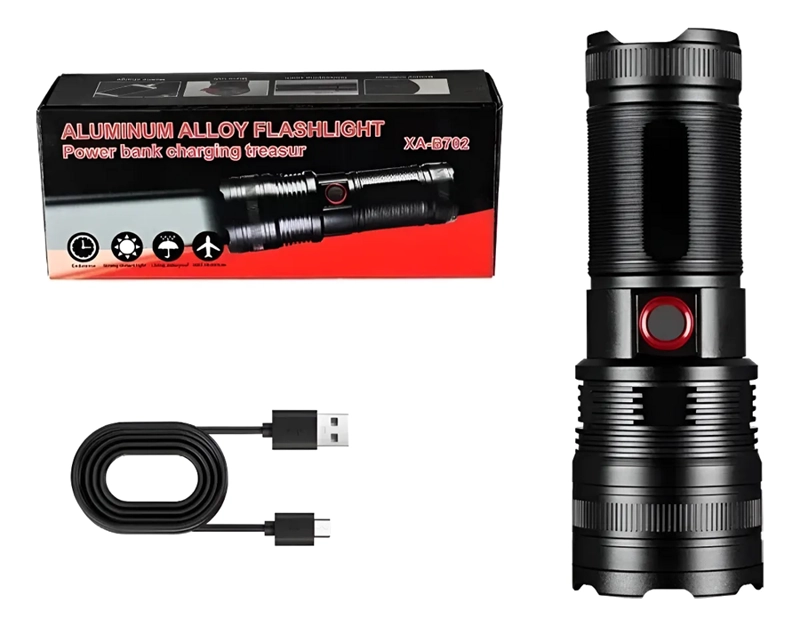 LINTERNA GRAN POTENCIA RECARGABLE TACTICA CON ZOOM 2000LM BLANCO NEGRO - 3