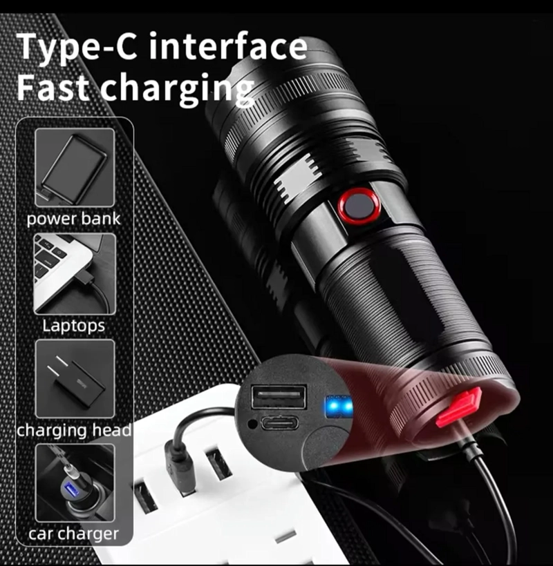 LINTERNA GRAN POTENCIA RECARGABLE TACTICA CON ZOOM 2000LM BLANCO NEGRO - 4