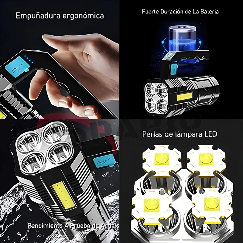 LINTERNA LED USB 4 FOCOS RECARGABLE LMPERMEABLE BRILLANTE - 2