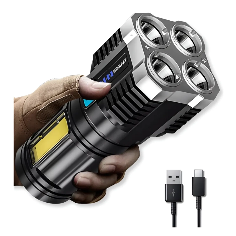 LINTERNA LED USB RECARGABLE ALTO ALCANCE 330 MTS 4 FOCOS - 4