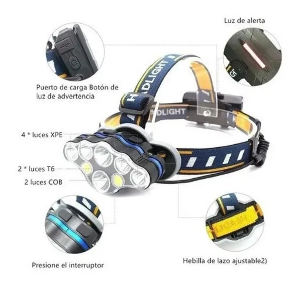 LINTERNA MINERO CABEZA RECARGABLE 8 LEDS POTENTE 2 BATERIAS BLANCO NEGRO - 1