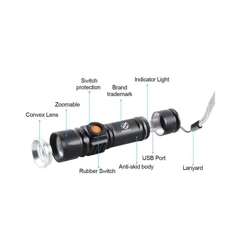 LINTERNA RECARGABLE LED 3000 LUMENS CON ZOOM RESISTE LLUVIA FRIA NEGRO - 1