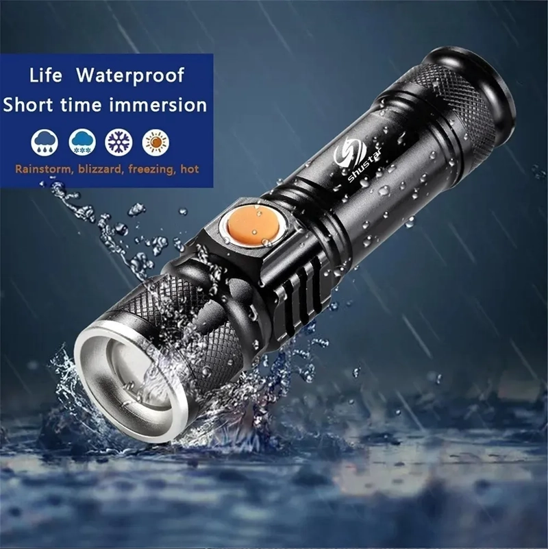 LINTERNA RECARGABLE LED 3000 LUMENS CON ZOOM RESISTE LLUVIA FRIA NEGRO - 2