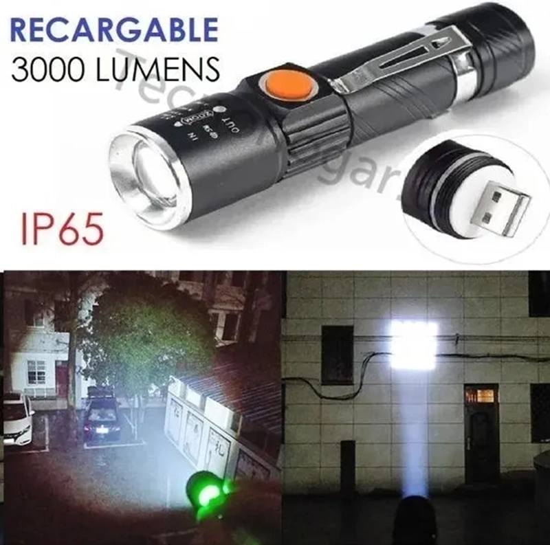 LINTERNA RECARGABLE LED 3000 LUMENS CON ZOOM RESISTE LLUVIA FRIA NEGRO - 4