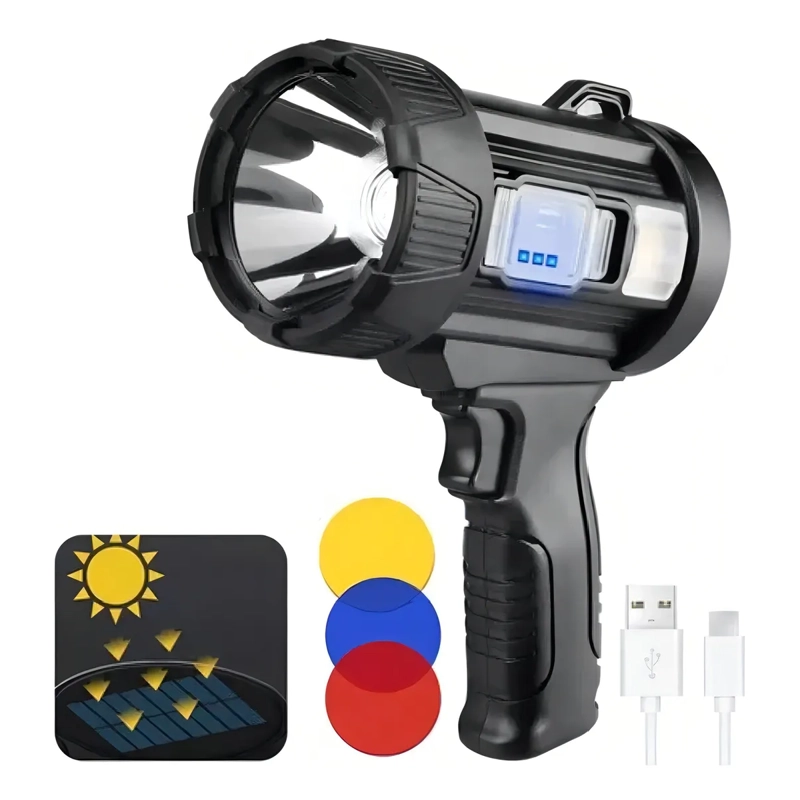 FOCO RECARGABLE LED CON LUZ SOLAR, LINTERNA PARA CAZA Y USB LINTERNA NEGRO LUZ BLANCO - 2
