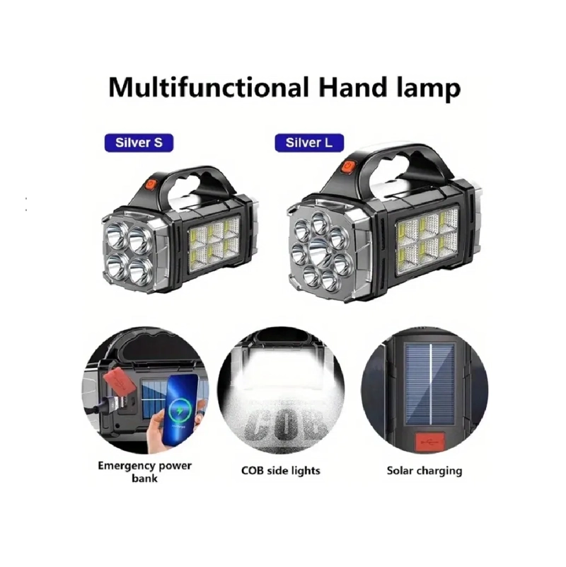 LINTERNA FOCO LED SOLAR MULTIFUNCION XPE+8LED+ 6COB NEGRO - 1