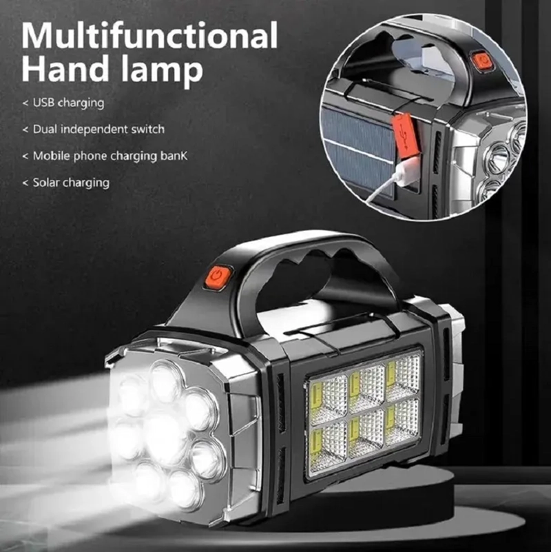 LINTERNA FOCO LED SOLAR MULTIFUNCION XPE+8LED+ 6COB NEGRO - 5