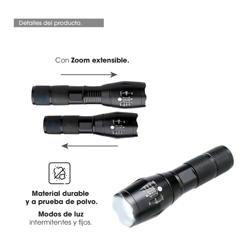 LINTERNA LED TACTICA RECARGABLE 1000 LUMENS + PILA + ESTUCHE - 2