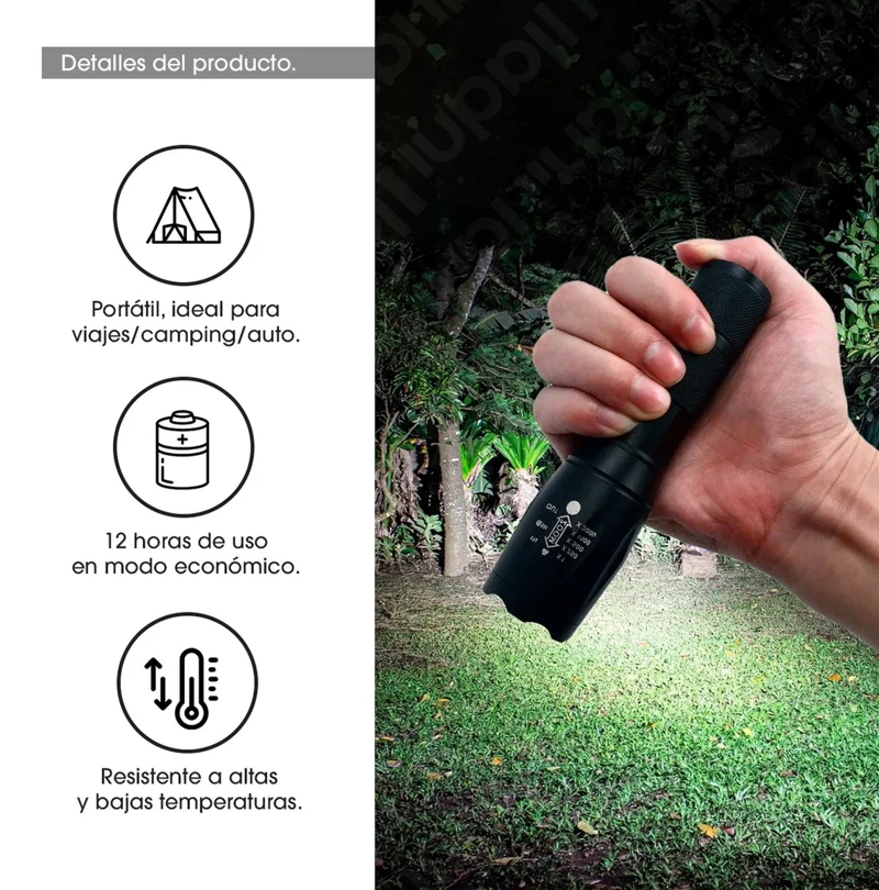 LINTERNA LED TACTICA RECARGABLE 1000 LUMENS + PILA + ESTUCHE - 4
