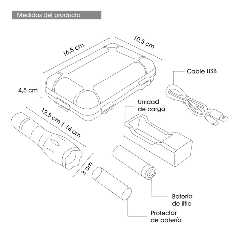 LINTERNA LED TACTICA RECARGABLE 1000 LUMENS + PILA + ESTUCHE - 5