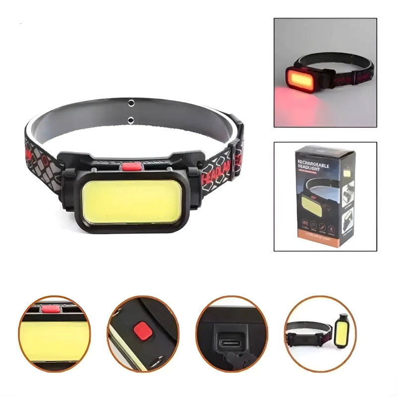 LINTERNA MINERO CABEZA LED COB RECARGABLE USB- C + LED ROJO - 3