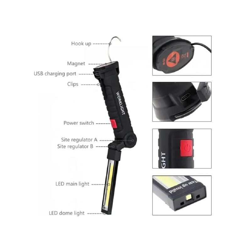 LINTERNA TACTICA LED COB RECARGABLE DE LUZ TRABAJO COLGANTE LINTERNA NEGRO - 3