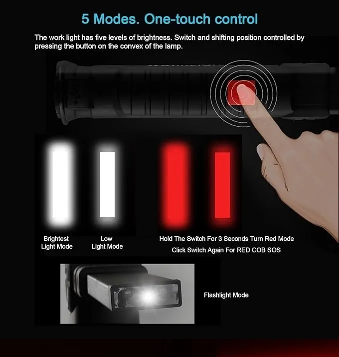 LINTERNA TACTICA LED COB RECARGABLE DE LUZ TRABAJO COLGANTE LINTERNA NEGRO - 5