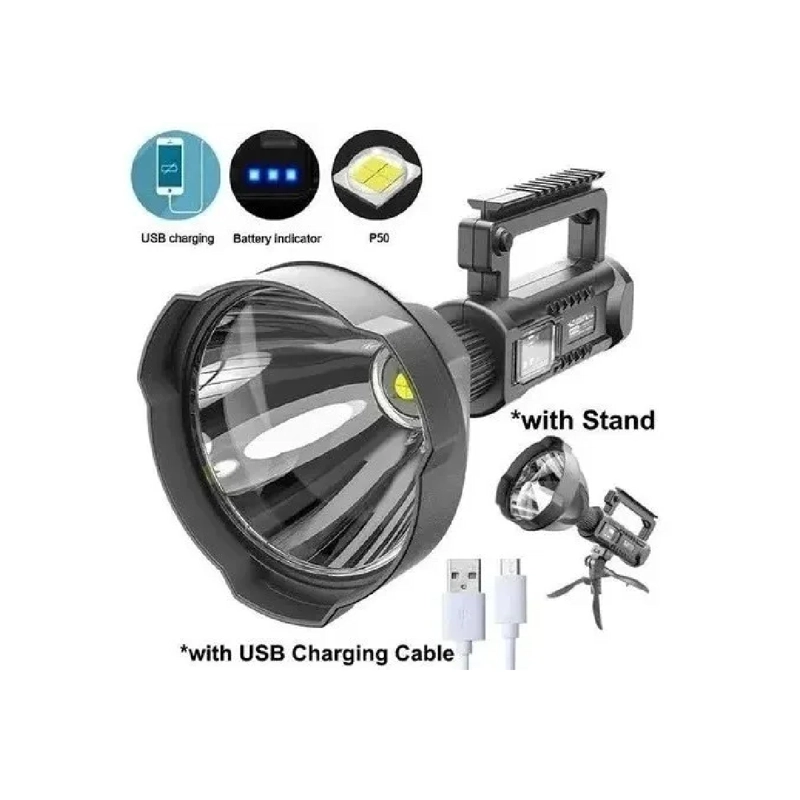 FOCO LINTERNA LED LARGO ALCANCE 1000 METROS + USB + TRIPODE BLANCO PLATEADO - 2