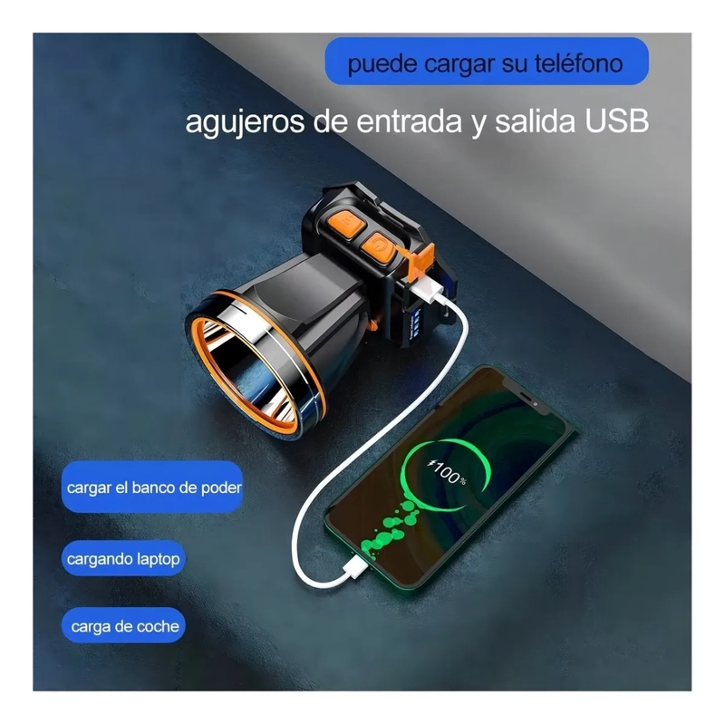 LAMPARA TIPO MINERO RECARGABLE POTENTE DE CACERIA LUZ LINTERNA NEGRO - 5