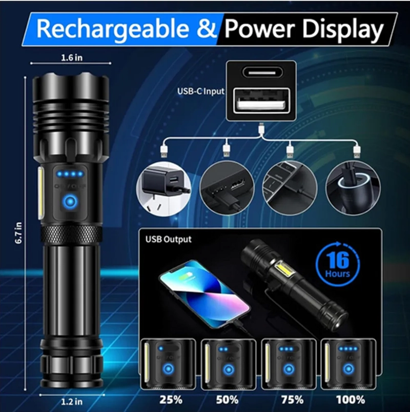 LINTERNA TACTICA LED BRILLANTE DE 90000 LM RECARGABLE TIPO-C - 2