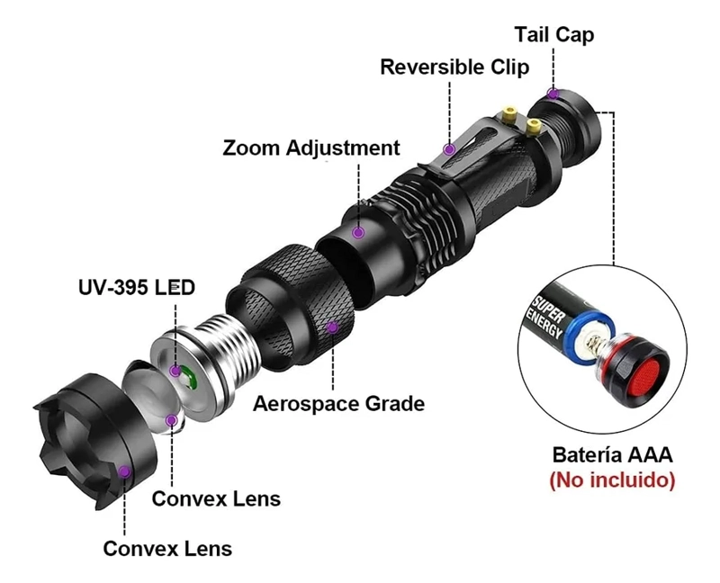 LINTERNA UV ULTRAVIOLETA LED , CON ZOOM, USA PILLA AA, METAL NEGRO VIOLETA - 1