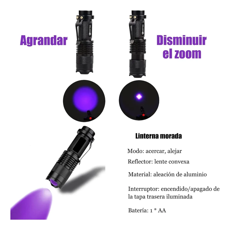 LINTERNA UV ULTRAVIOLETA LED , CON ZOOM, USA PILLA AA, METAL NEGRO VIOLETA - 2