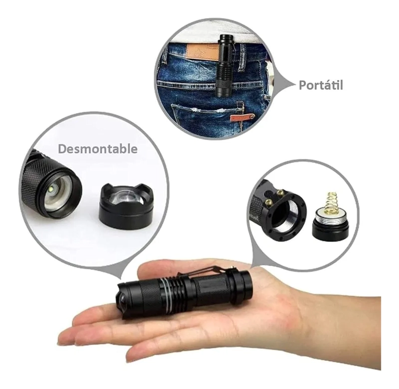 LINTERNA UV ULTRAVIOLETA LED , CON ZOOM, USA PILLA AA, METAL NEGRO VIOLETA - 3