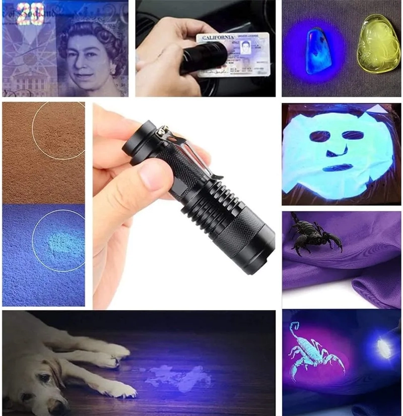 LINTERNA UV ULTRAVIOLETA LED , CON ZOOM, USA PILLA AA, METAL NEGRO VIOLETA - 5
