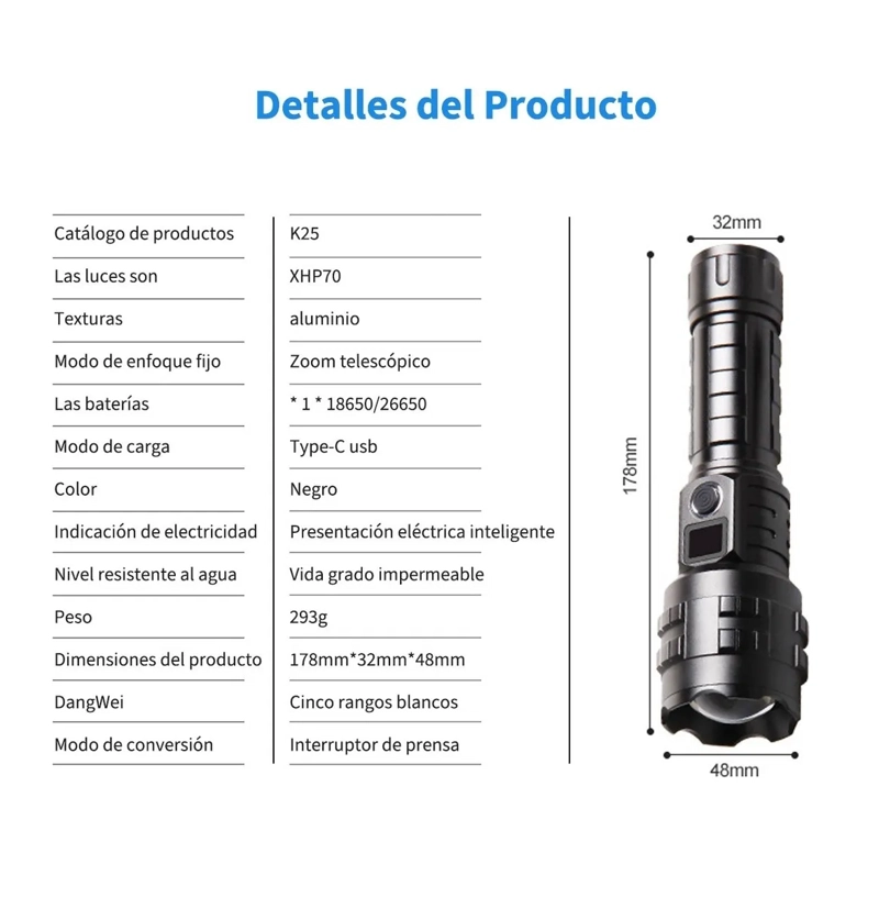 LINTERNA 100000 LUMENS TACTICA RECARGABLA PORTATIL ALTA POTENCIA CON ZOOM 5 MODOS DE ILUMINACION - 2