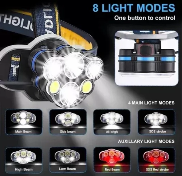 LINTERNA FRONTAL CINTILLO RECARGABLE 6 LED LINTERNA 8 MODOS BLANCO NEGRO - 4