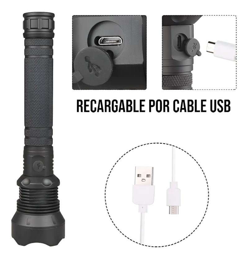 POTENTE LINTERNA LED P90 DE CARGA USB ALEACION DE ALUMINIO BLANCO - 1