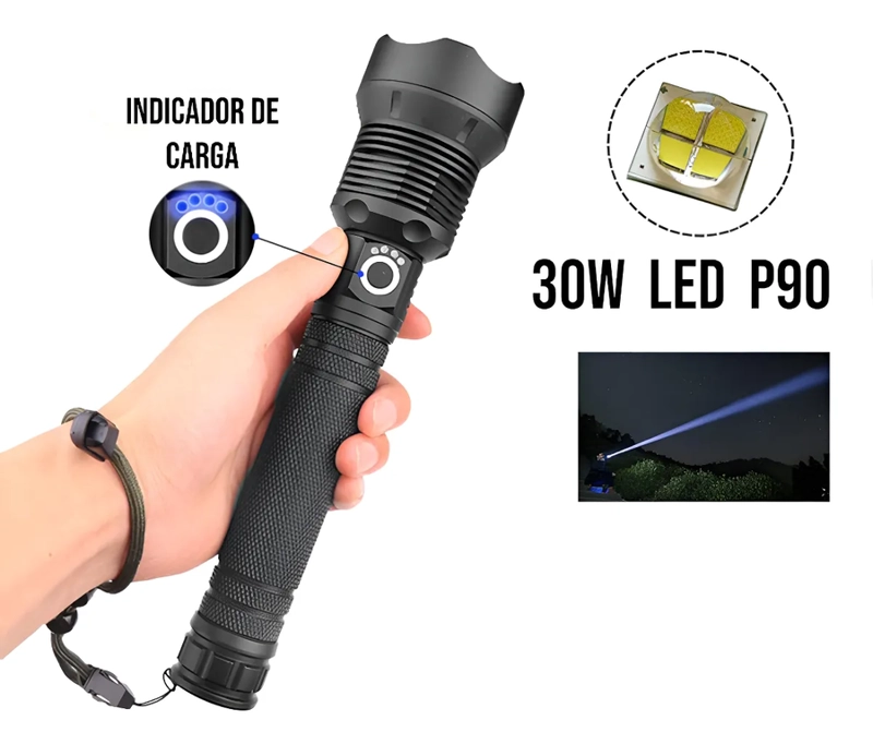 POTENTE LINTERNA LED P90 DE CARGA USB ALEACION DE ALUMINIO BLANCO - 2